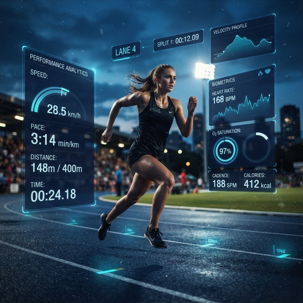 Deportista con paneles de datos en realidad aumentada